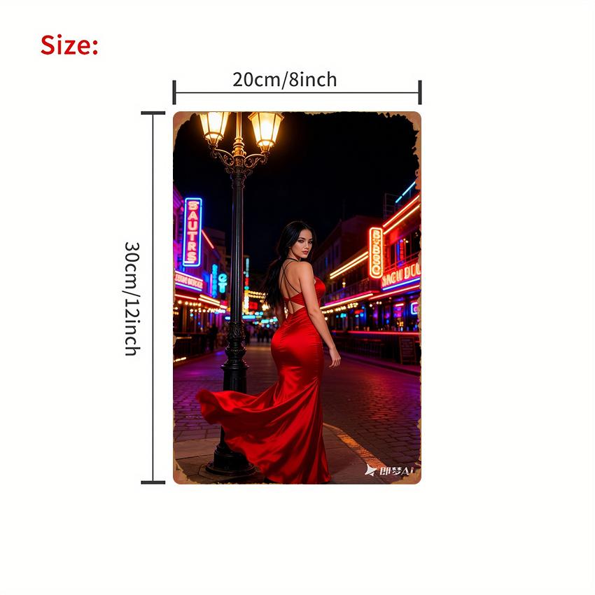 Vintage Iron Sign Red Dress Outline Neon Night Market Street Metal Wall Art x Inch 20x30cm(7.8x11.8inch)