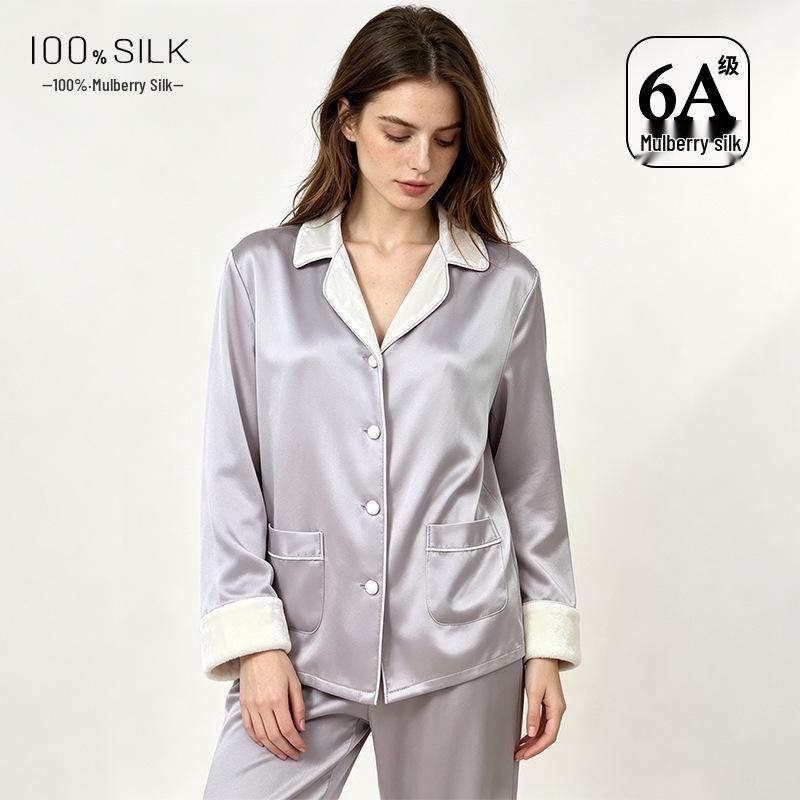2026 Autumn/Winter Women's Heavyweight Silk Velvet Pajama Set - 100% Mulberry Silk, Long Sleeve & Pants.