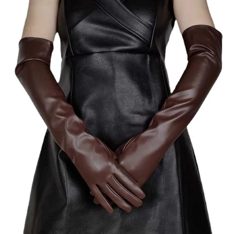 Lady Winter Women Warm Full Finger Touch Screen PU Leather Mitten Female Silky Inside Long Dress Etiquette Elbow Glove G203