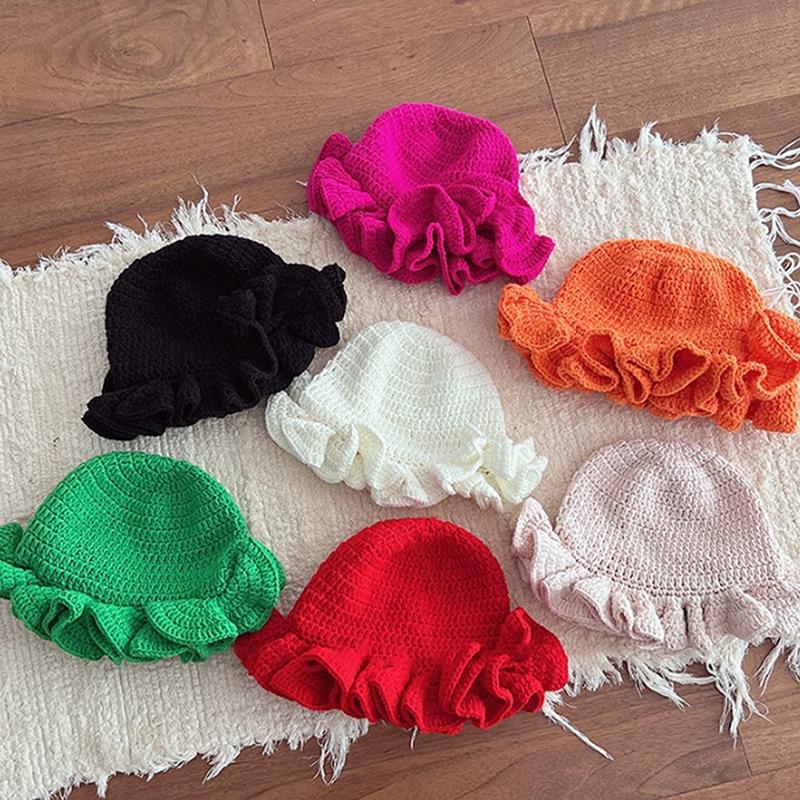 Colorful Crochet Ruffle Bucket Hat Warm Stretch Knit Hat New Year Celebration Women'S Fashion Handmade Beanie Hat Tool Tentacle