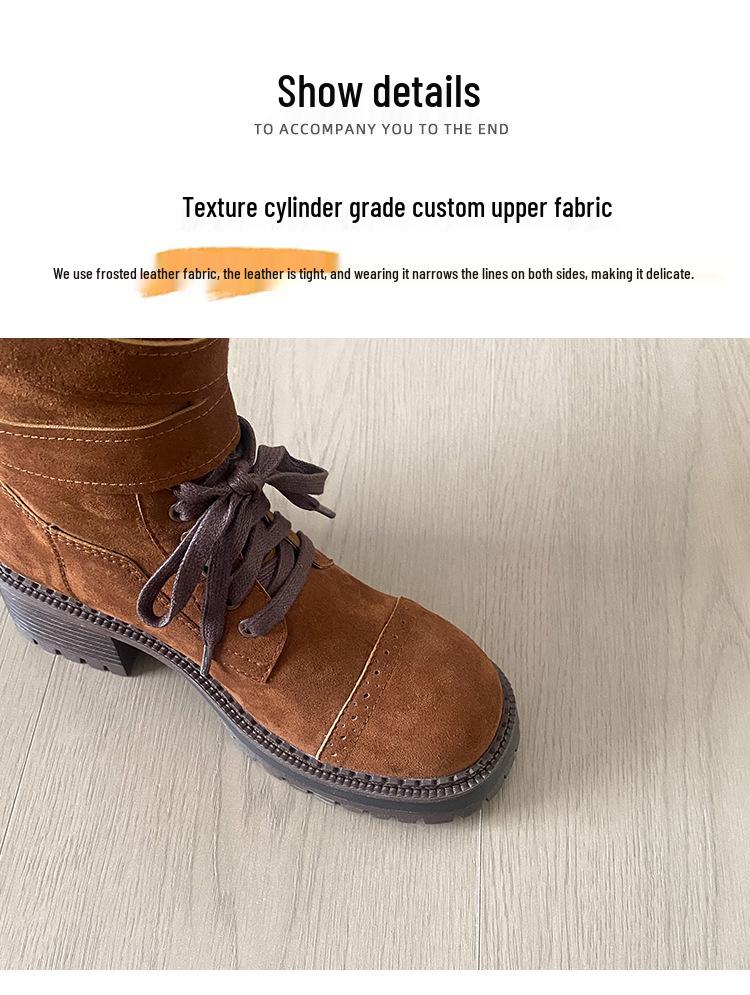 Autumn 2025 Genuine Leather Retro Mid-Calf Buckle Boots - Western Chunky Heel Motorcycle Style