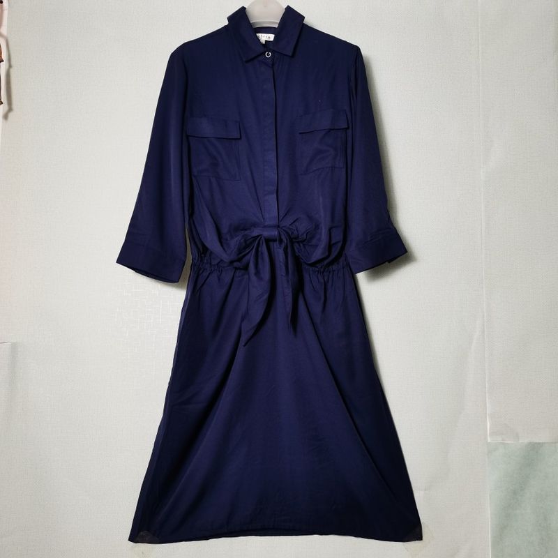

Export Tail Goods Tencel Half-Open Three-Quarter Sleeve Dress Ribbon Waist-Tight Covering Belly Thin Trendy Sense of Design Promotion Dark blue M