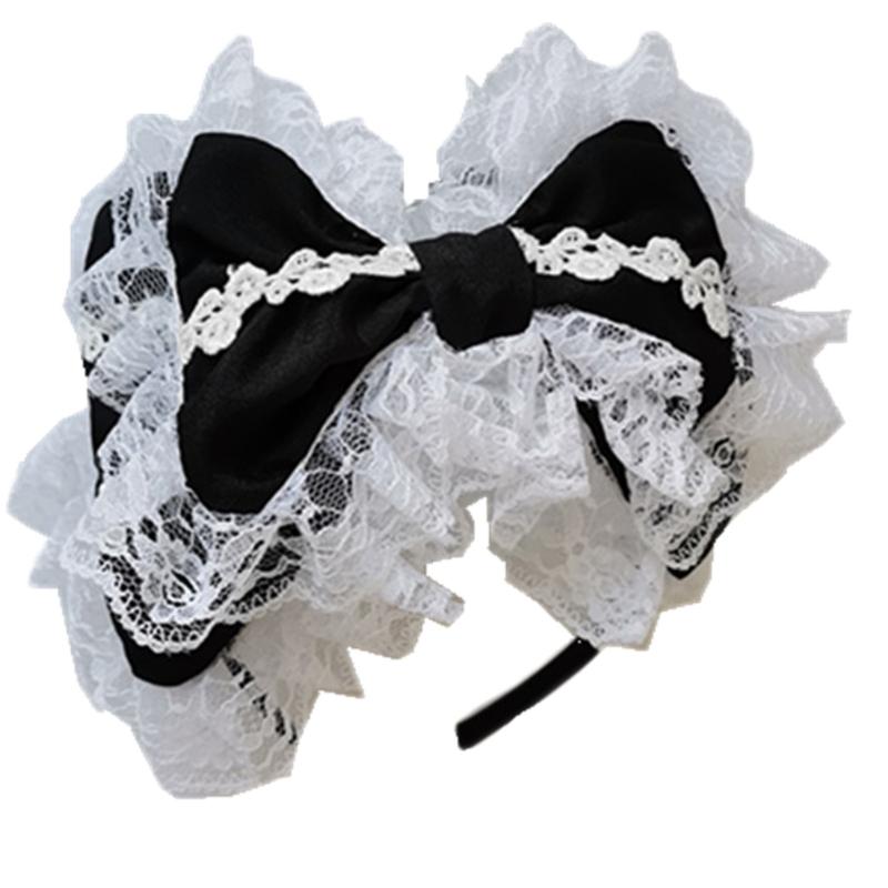 Lovely Sweet Hairband Maid Cosplay Headband Lolita Ruffled Lace Headwear Handmade Double Layer Bowknot Hair Accessory