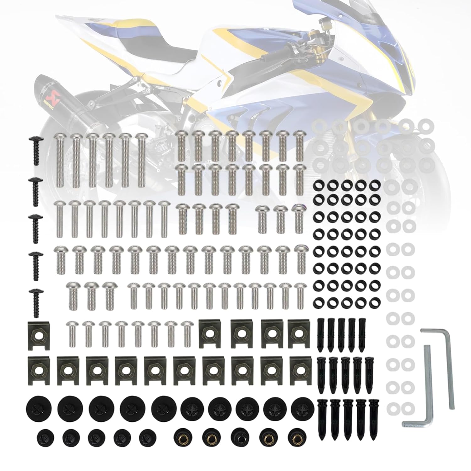 195Pcs Motorcycle Fairing Bolt Kit M5 M6 Stainless Steel Windscreen Screws Fasteners Nut Clips Kit Universal for Most Motorcycle Titanium серебряный