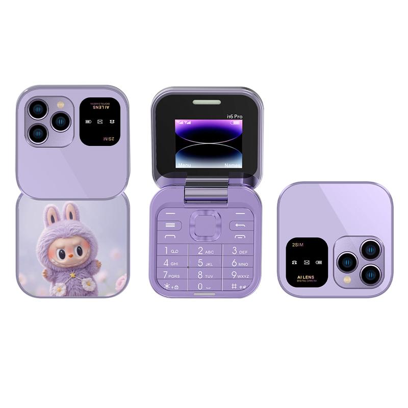 Ny i16 Pro Søt Labubu Flip-blokk Mobiltelefon Doble SIM-kort 1,77" Skjerm Hurtigvalg Magisk stemme Svarteliste Mini Boks Mobiltelefon 3,5 mm Jack