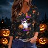 Women's Casual V Neck 3/4 Sleeve Halloween Print Top for Fall Festivities