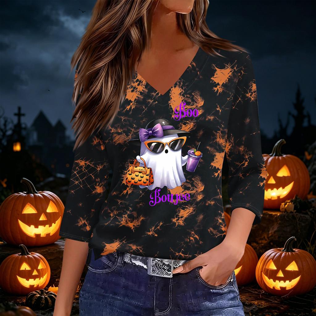 Women's Casual V Neck 3/4 Sleeve Halloween Print Top for Fall Festivities