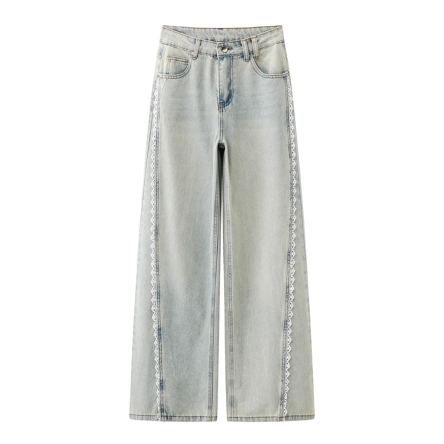 Spring 2026 Light Blue Wide-Leg Jeans with Lace Trim Patchwork, Floor Length Fashion Pants Large