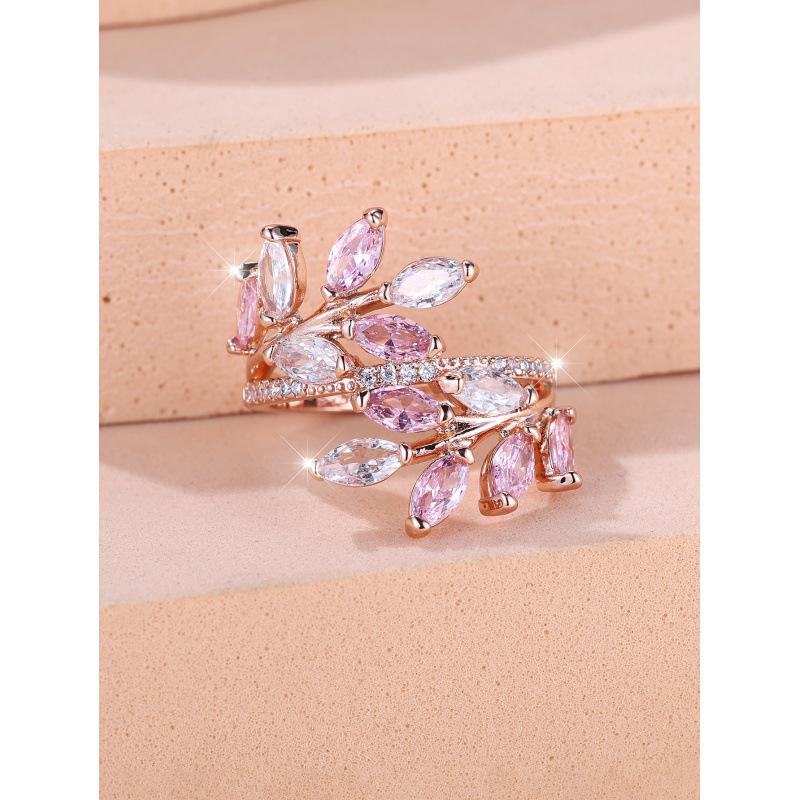 

Модний відкритий перстень з цирконом Кінське око та листком Adjustable золотий/Яскраво-рожевий