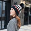Autumn and Winter Woolen Imitation   Wool Ball Knitted Colorful Striped Hat Warm Ear Protecting Hat  Slimming Face Casual Trendy Hat