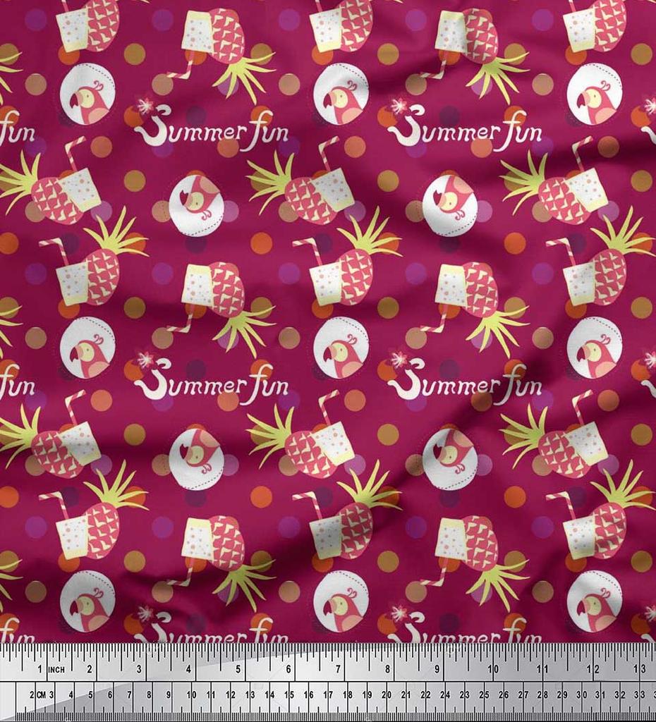 Soimoi Japan Crepe Satin Fabric Dot,Parrot & PineJuice Summer Designs Fabric Prints By Metre 42 Inch