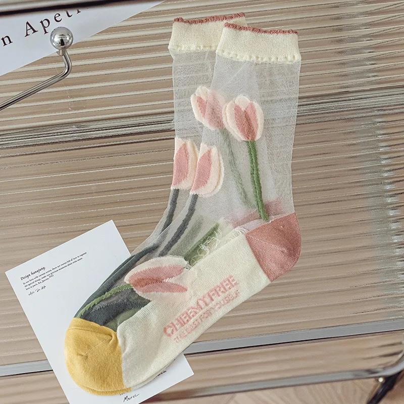 Summer Thin Mesh Stocks for Women Tulip Rose Flower Crystal Glass Silk Socks Korean All-match Light Visible Mid-calf Stocking