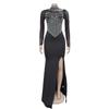 Women's Fashion Solid Color Mesh Slit Long Dress with Hot Drill Detailing.