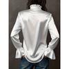 Silk Satin Basic Blouse Women Luxury Elegant Flare Long Sleeve Shirt Lady Bandage Tunic Top Office Casual Blouses