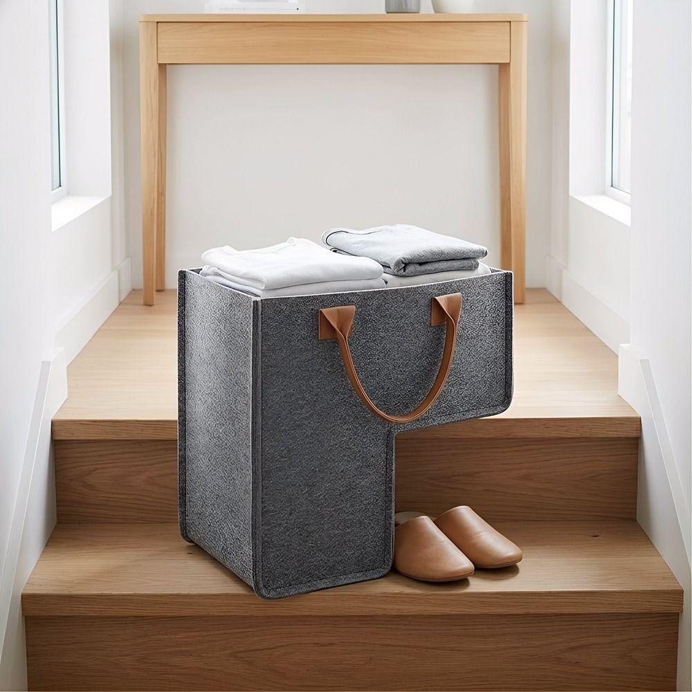Large Capacity L Shaped Felt Basket Folding Washable Ladder Basket with Handles Space Saving Stair Steps Clothes Basket for Home