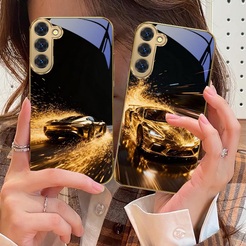 Flying Golden Supercar For Samsung Galaxy S20 FE S21 S22 S23 Plus S24 Ultra 25Ultra S21+ S9+ S22Plus Golden Glass Phone Case