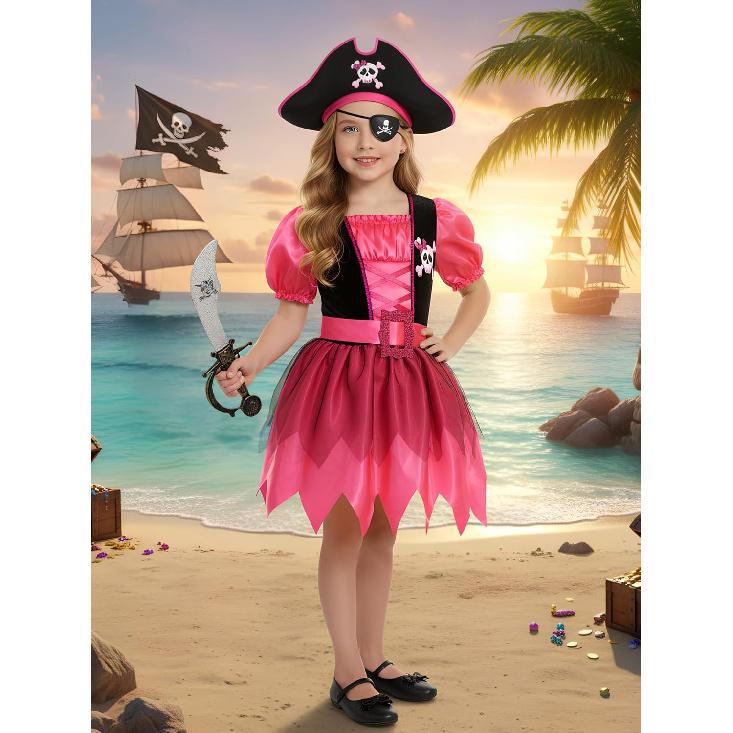 Kids Pirate Costume for Girls Buccaneer Dress Halloween Cosply Party 3-4 Years