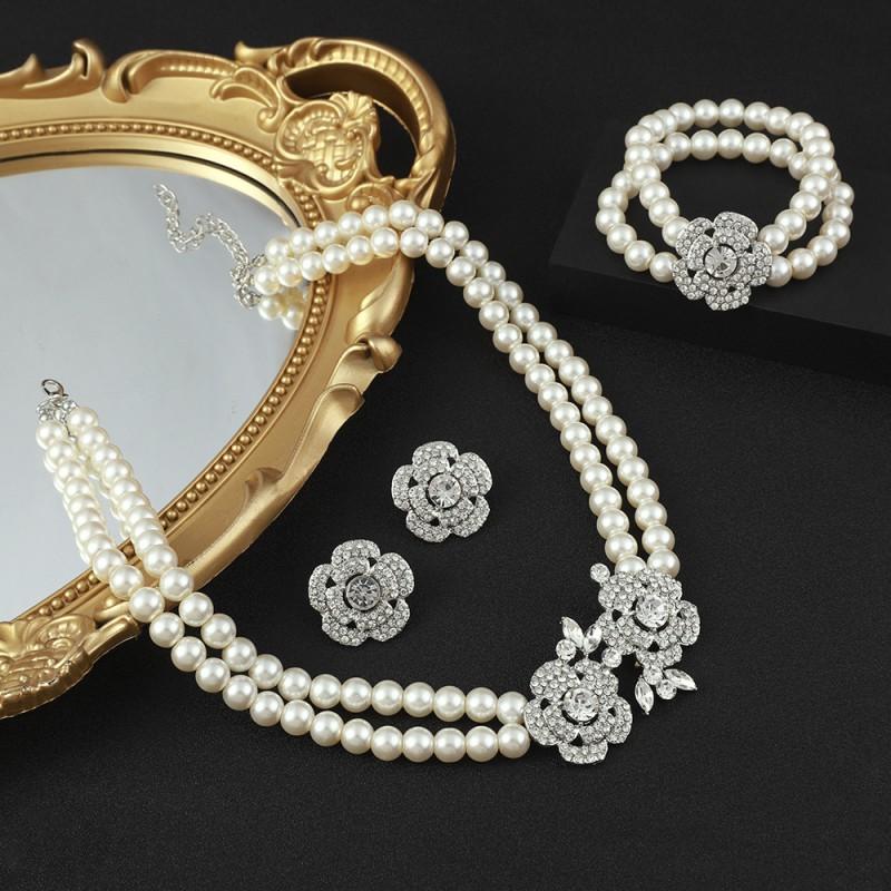 Elegant Pearl Rhinestone Earring Bracelet Necklace Set Evening Gown Wedding Formal Occasion Fashion Jewelry