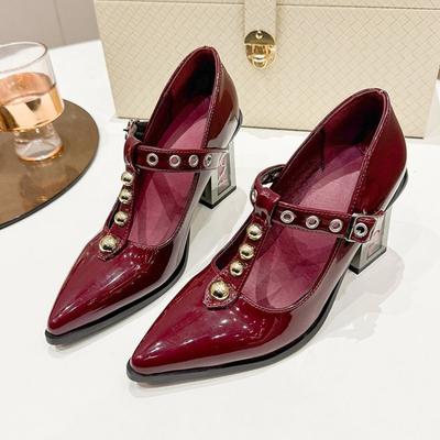 Fashion Women's Fashion Thick Heel Shoes Spring New Pointed Head Shallow Mouth Rivets Metal Buckle Line Belt High Heels