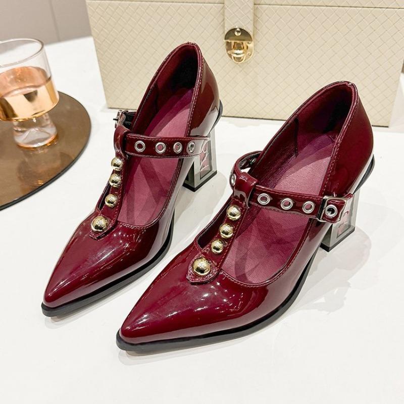Women's Thick Heel Shoes Spring New Pointed Head Shallow Mouth Rivets Metal Buckle Line Belt High Heels