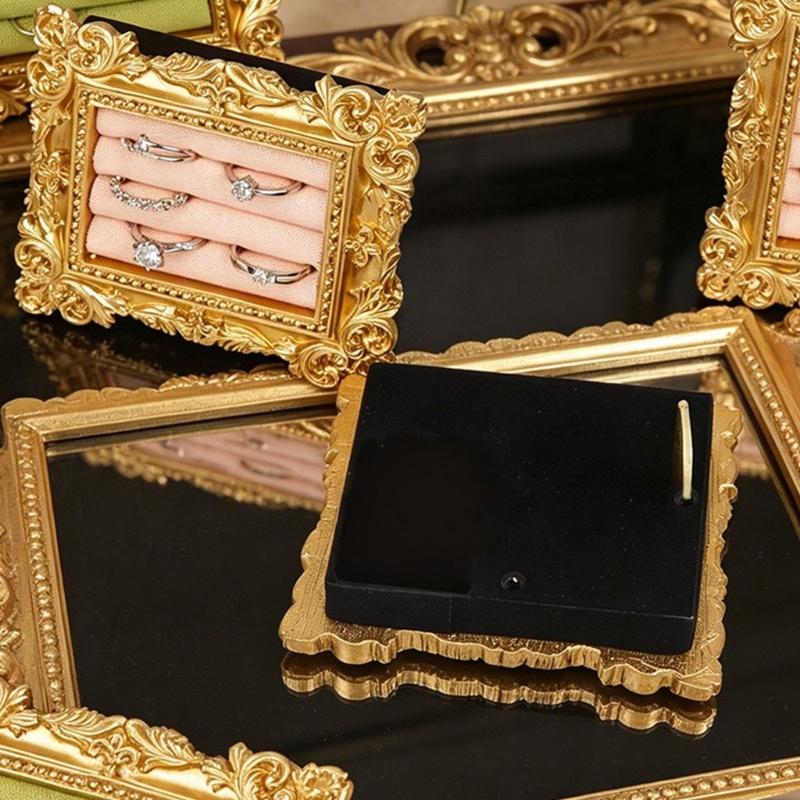Tabletop Jewelry Display Holder with Ornate Frame, Four Ring Rows for Counter Merchandising, Vanity Storage, and Styling Use