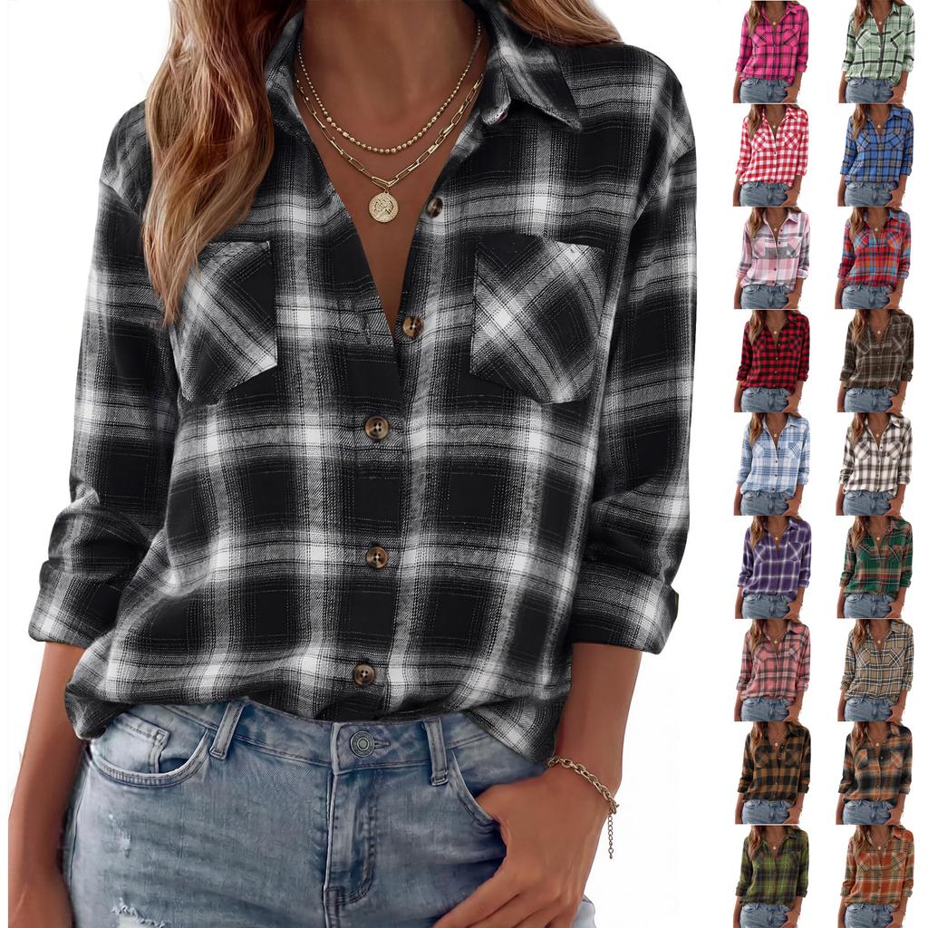Women's Casual Plaid Long Sleeve Lapel Collar Cardigan Shirt