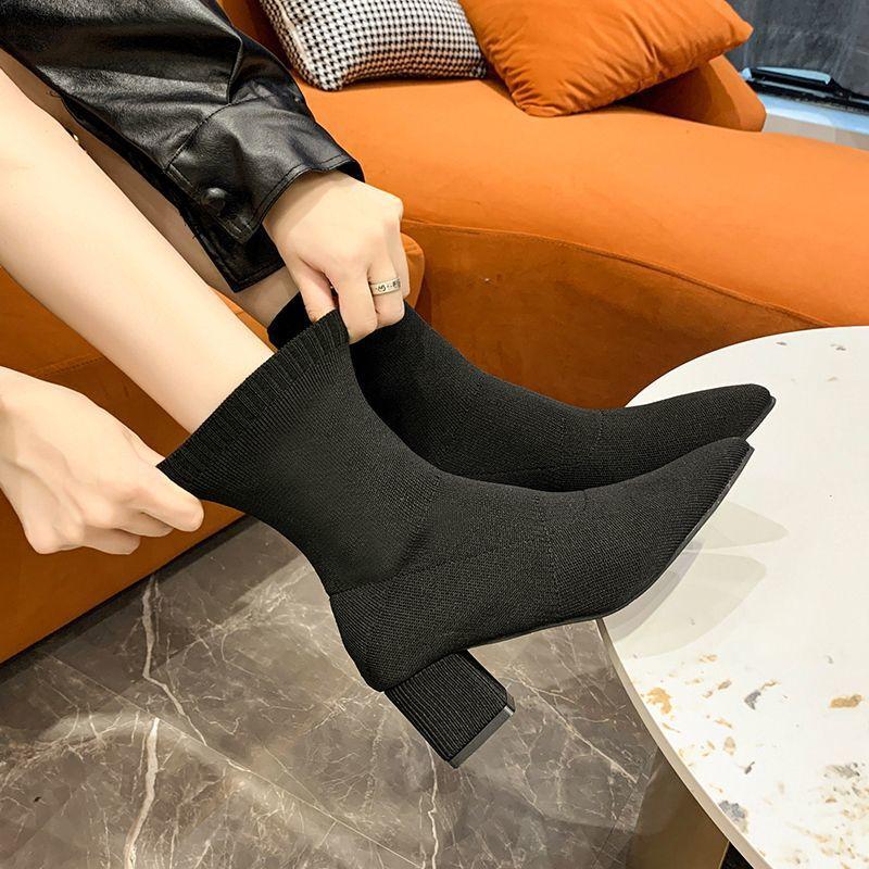 Single boots 2025 autumn and winter new fleece socks boots thick heel high heel pointed elastic boots short boots women's thin boots socks boots