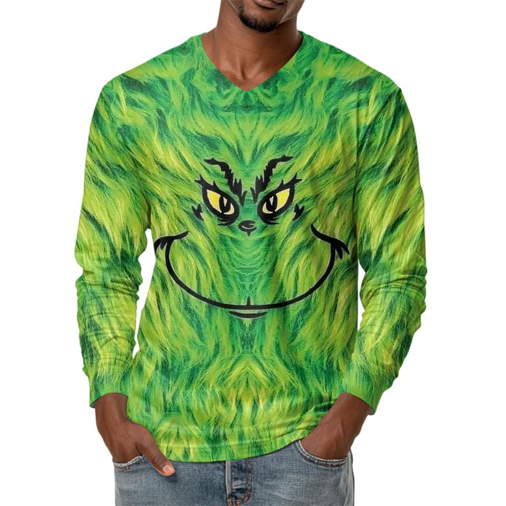Men's Fashion Printed V-Neck Casual Long-Sleeved T-Shirt Bottoming Shirt Top