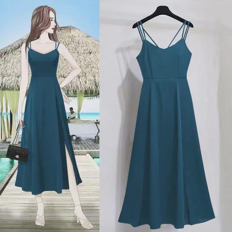 Plus Size Summer Korean-Style Sleeveless Mid-Length Slit Dress for Women, 2025 Fashion