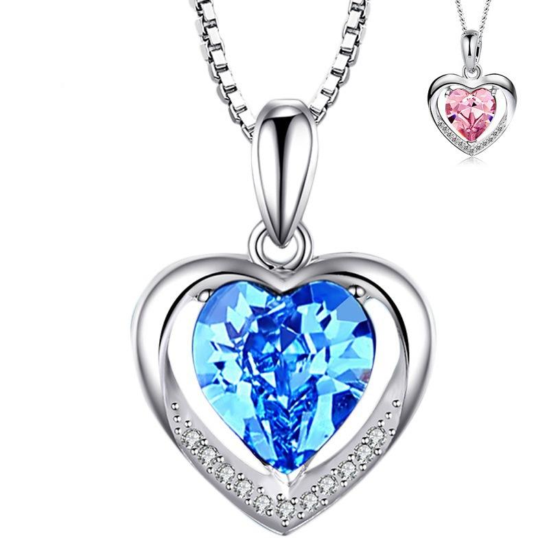 Blue Large Carat Zircon Love Shape Pink Crystal Pendant Eternal Heart Necklace Jewelry Accessories Women'S