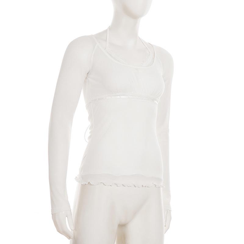 Spicy Girl Mesh Patchwork White Two-Piece Style Ruffle Trim Sheer Long Sleeve Top