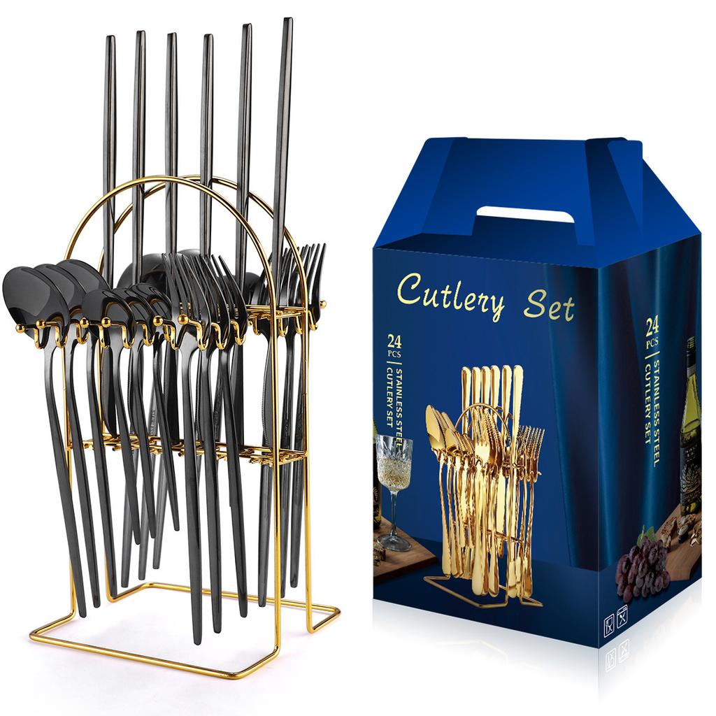Stainless Steel Tableware Set with 24 Knives Forks and Spoons Home Storage Rack for Western Style Steak