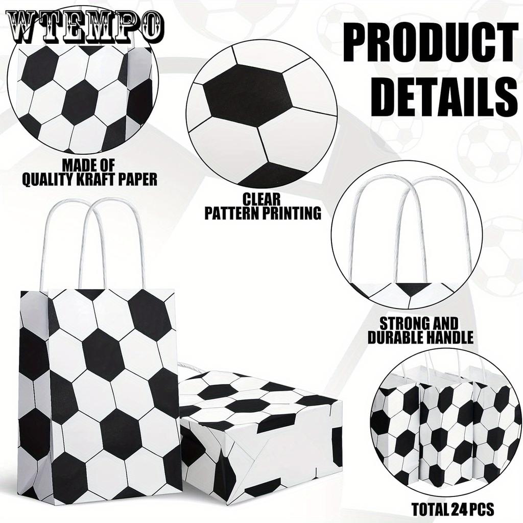 24 Pack Soccer Themed Paper Party Favor Bags with Handles - Durable Kraft Gift Storage Packaging for Sports Birthday, Team Events Tote Bags