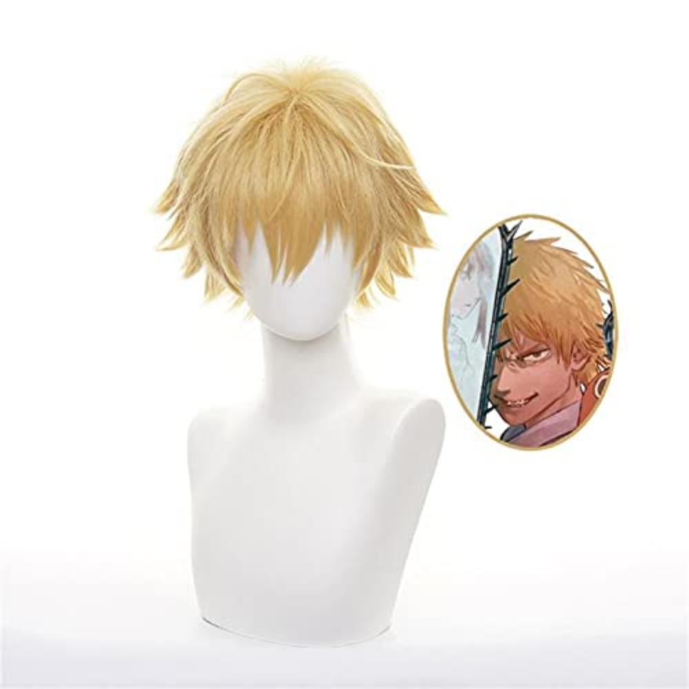 Perruque Cosplay Denji Perruque Courte Blonde Perruque Ondulée Dorée Perruque Synthétique pour Homme pour Costume Anime Halloween Fête One Size jaune