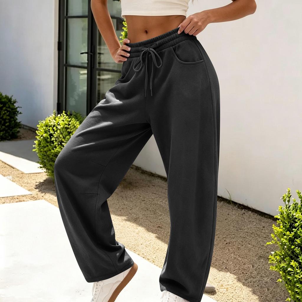 Women's Casual Loose Fit Color Curved Leg Pants with Pockets and Elastic Waistband