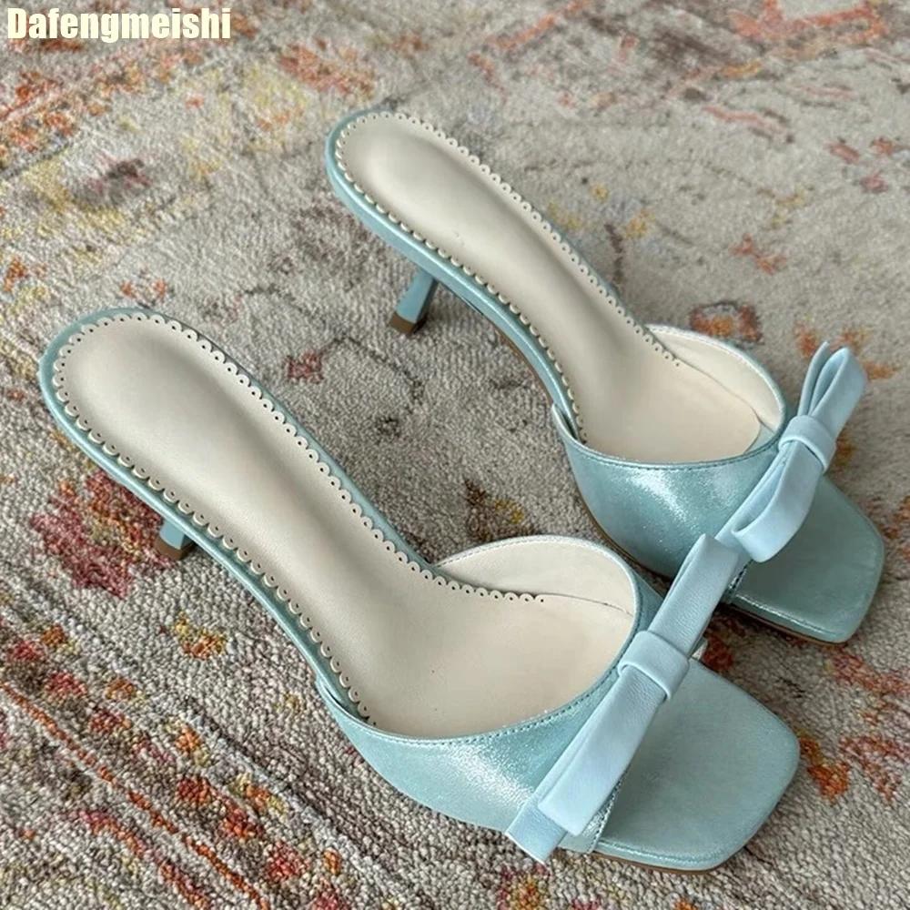 

Fashion Bowknot One-Strap High Heels Slipper for Women 2025 Summer New Square Toe Slides Open Toe Sexy Lace Sole Casual Fashion Sandals 39