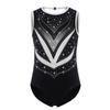 Girls Gymnastics Leotard Sleeveless Crisscross Cutout Back with Mesh Patchwork Shiny Rhinestones Bodysuit