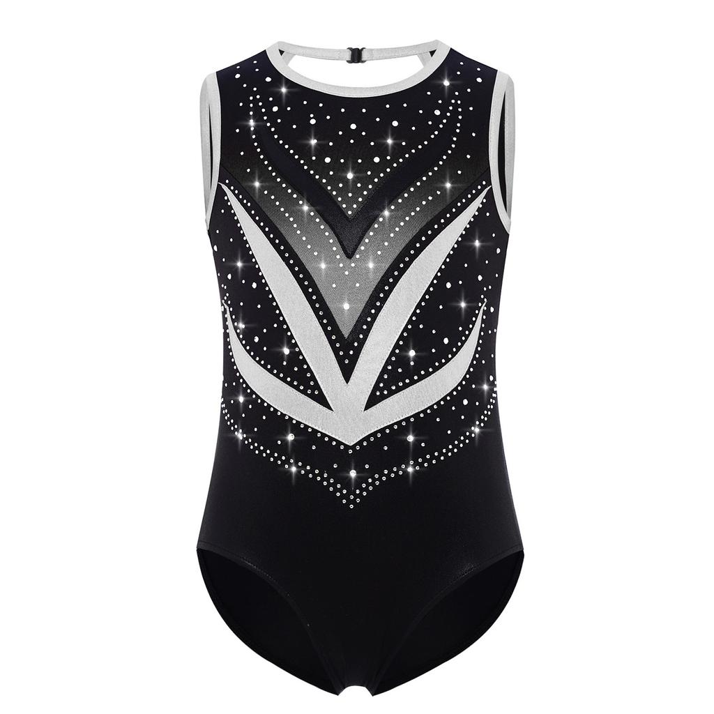 Girls Gymnastics Leotard Sleeveless Crisscross Cutout Back with Mesh Patchwork Shiny Rhinestones Bodysuit