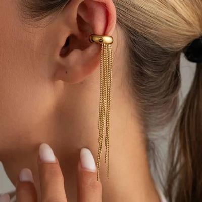 SHIXIN 2026 Trendy Luxury 18K Gold Plated Stainless Steel Tassel Ear Clip Women Smooth Non Piercing Earring Waterproof Jewelry