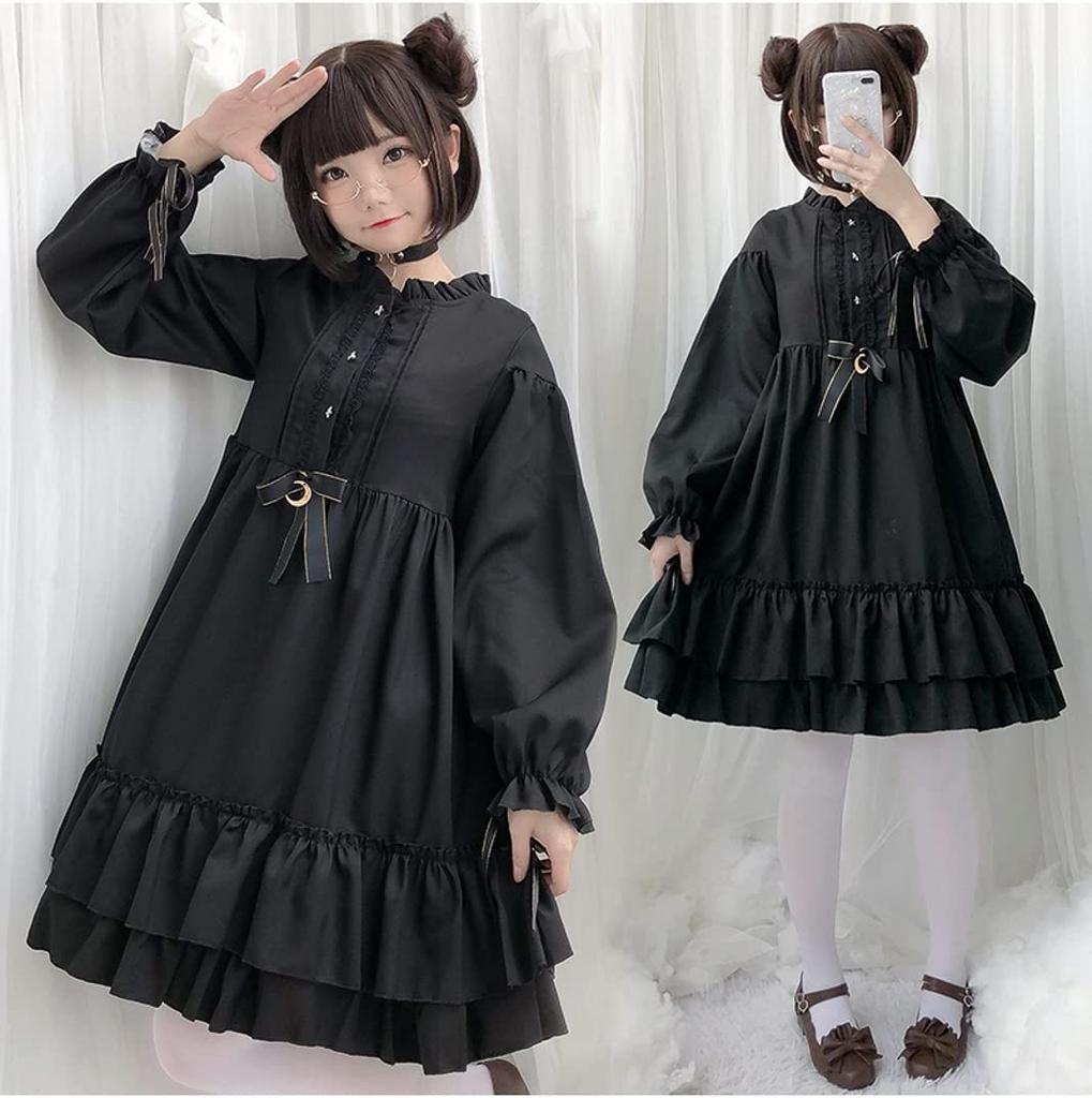 Milky Time Women's Black Lolita Gothic Lolita Dress with Crescent Moon Design, Long Sleeves, Medium Size, Cosplay Costume
