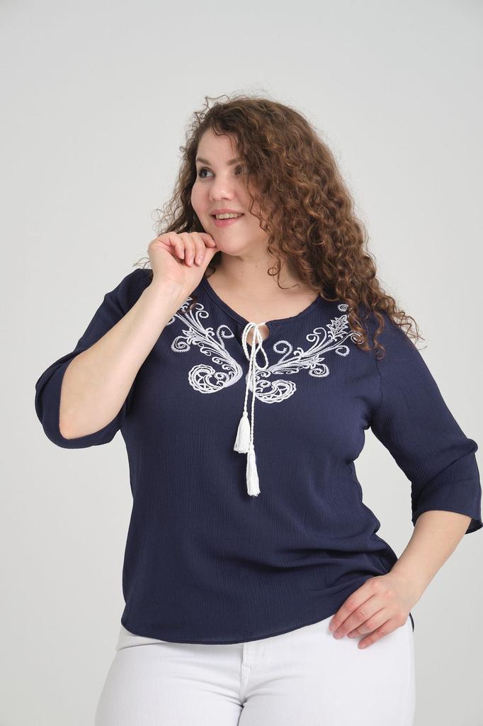 Damen-Bluse in großen Größen, Marineblau, ethnisch gemusterte Quasten-Bluse in Übergröße