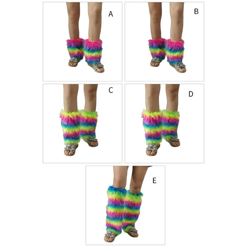 Winter 80s Furry Long Socks Leggings Cover Leg Warmer Punk Boots Socks Plush Vintage Rainbow Warm Boot Cuffs Leg Cover