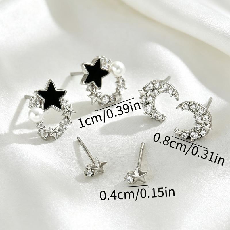 Korean version Korean creative star and moon niche women's stud earrings versatile inlaid zircon full diamond design earrings set