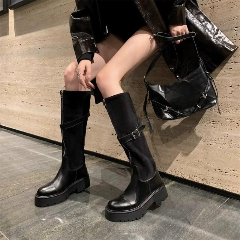 Fashion Black Belt Buckle Platform Knee High Shaft Shoes Woman Comfortable and Elegant Footwear New in Demi-season Long Boots for Women