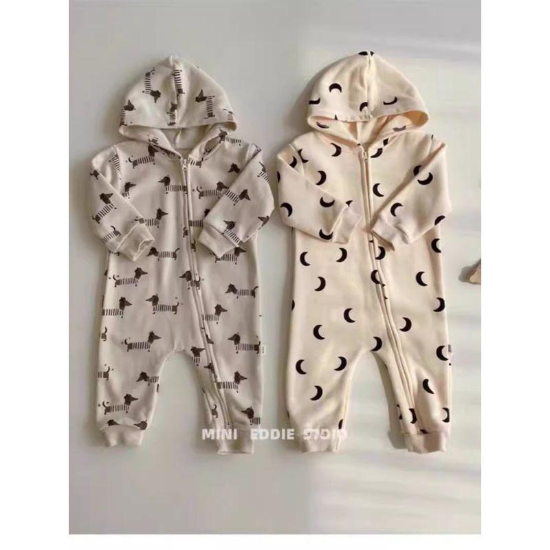 Korean Style Ins Moon and Puppy Pattern Side Zipper Long Hooded Spring and Autumn Jumpsuit for Baby Boys and Girls Cotton