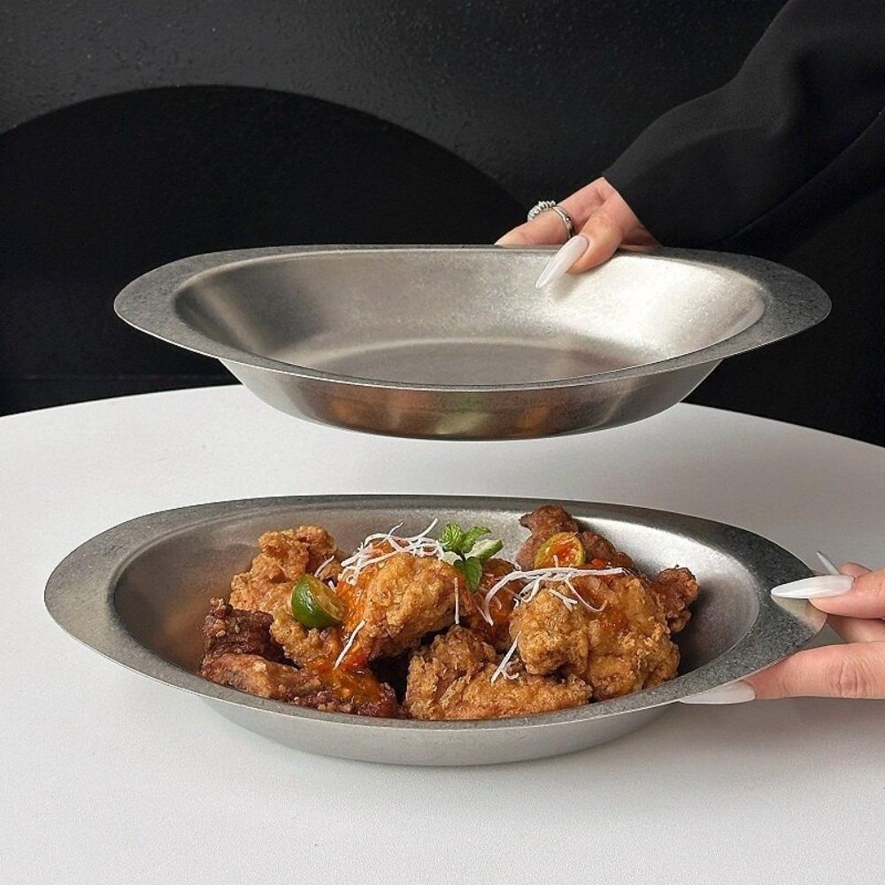 Stainless Steel Western Food Tray Oval Salad Plate Coffee Shop Tableware Outdoor Camping