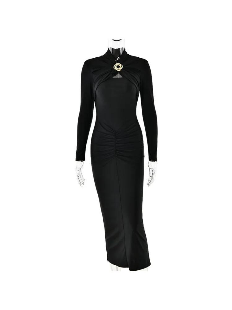 Hollow Out Long Sleeve Sexy Maxi Dress For Women Gown Autumn Winter New Metal Buckle Ruched Slit Long Dress Elegant