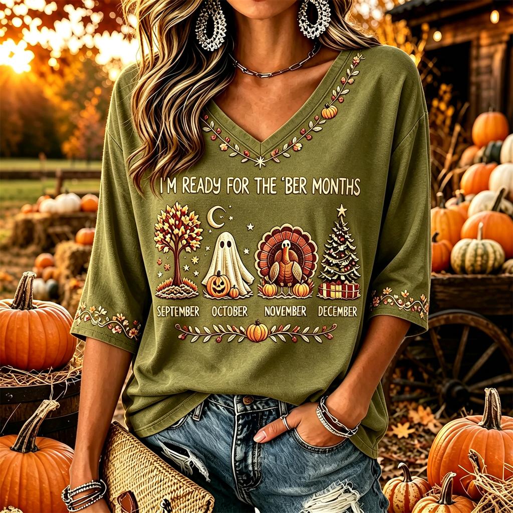Women's Casual Thanksgiving Print V-Neck Pullover Top