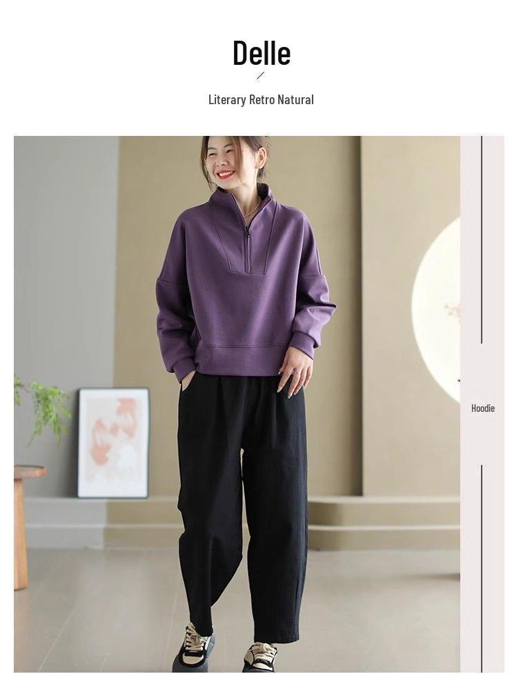 Damen Herbst/Winter Sweatshirt mit Stehkragen und halbem Reißverschluss: Modischer Pullover mit langen Ärmeln in lockerer Passform für lässige Übergrößen