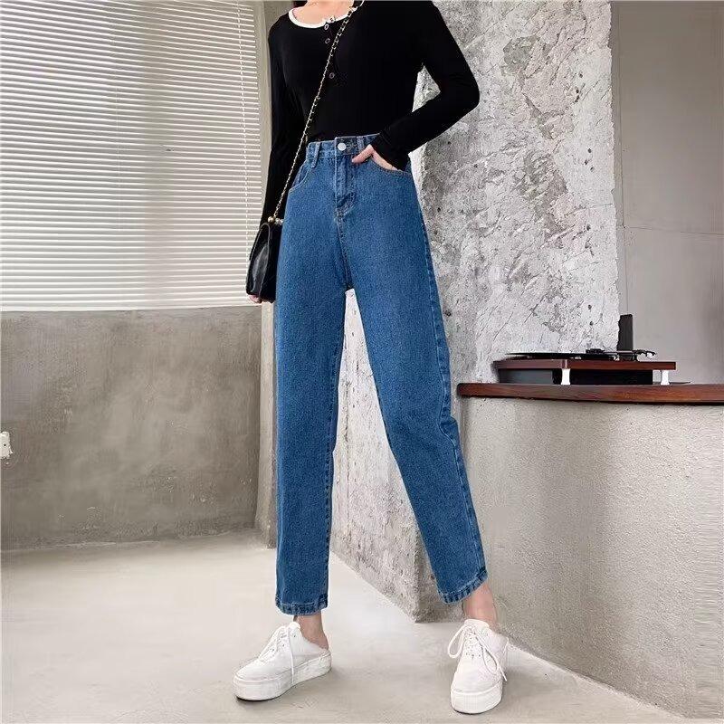 Jeans women's autumn and winter new large size high waist thin high straight trousers